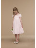 Puff Sleeves Pink Chiffon Knee Length Flower Girl Dress